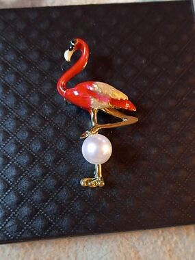 Gold-Tone Pink Red Flamingo Pearl Brooch - Women Jewelry